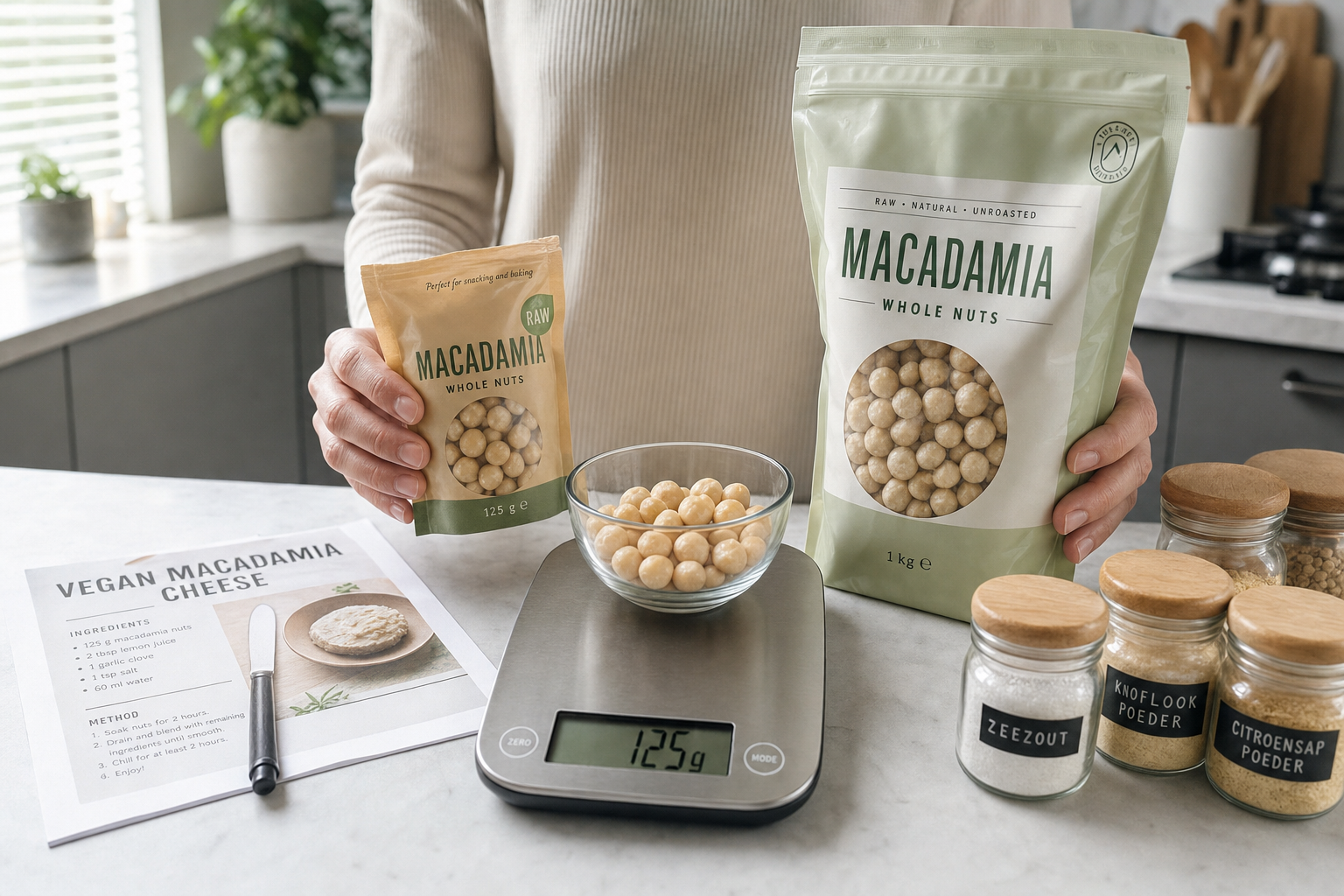 Macadamia noten in verschillende verpakkingsgroottes